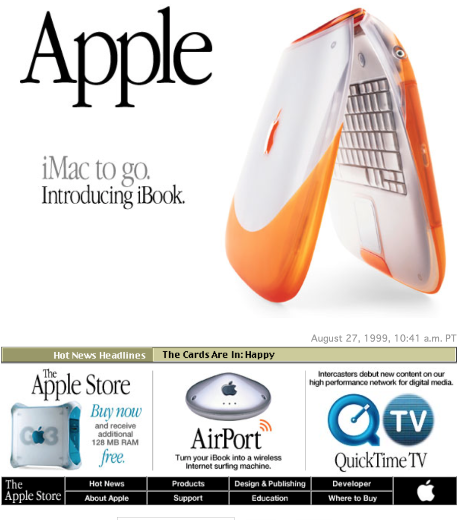 A screenshot from apple's website in 1999, showing the newly launched acrylic tangerine iBook. It also shows an iMac G3 aqua, and a silver ufo Airport base station for sale.