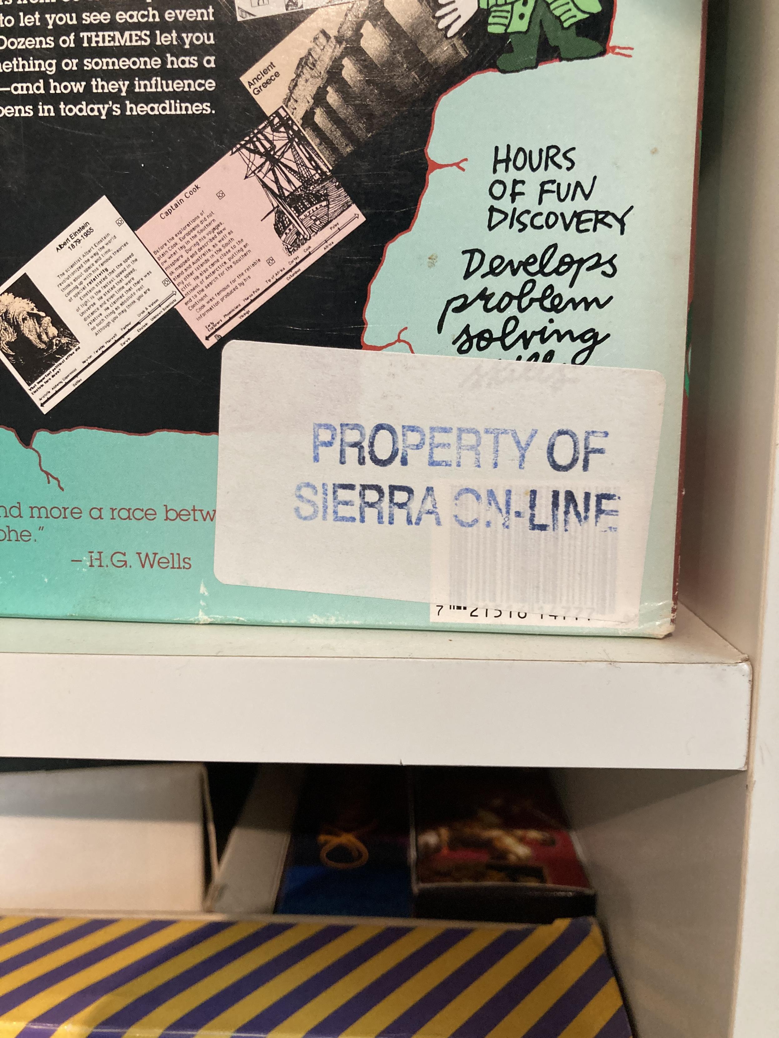 A white label stack to the backside of the box. It reads: PROPERTY OF SIERRA ON-LINE.