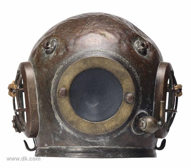 A diving bell helmet, showing cages on the side and a viewing porthole in the front.
