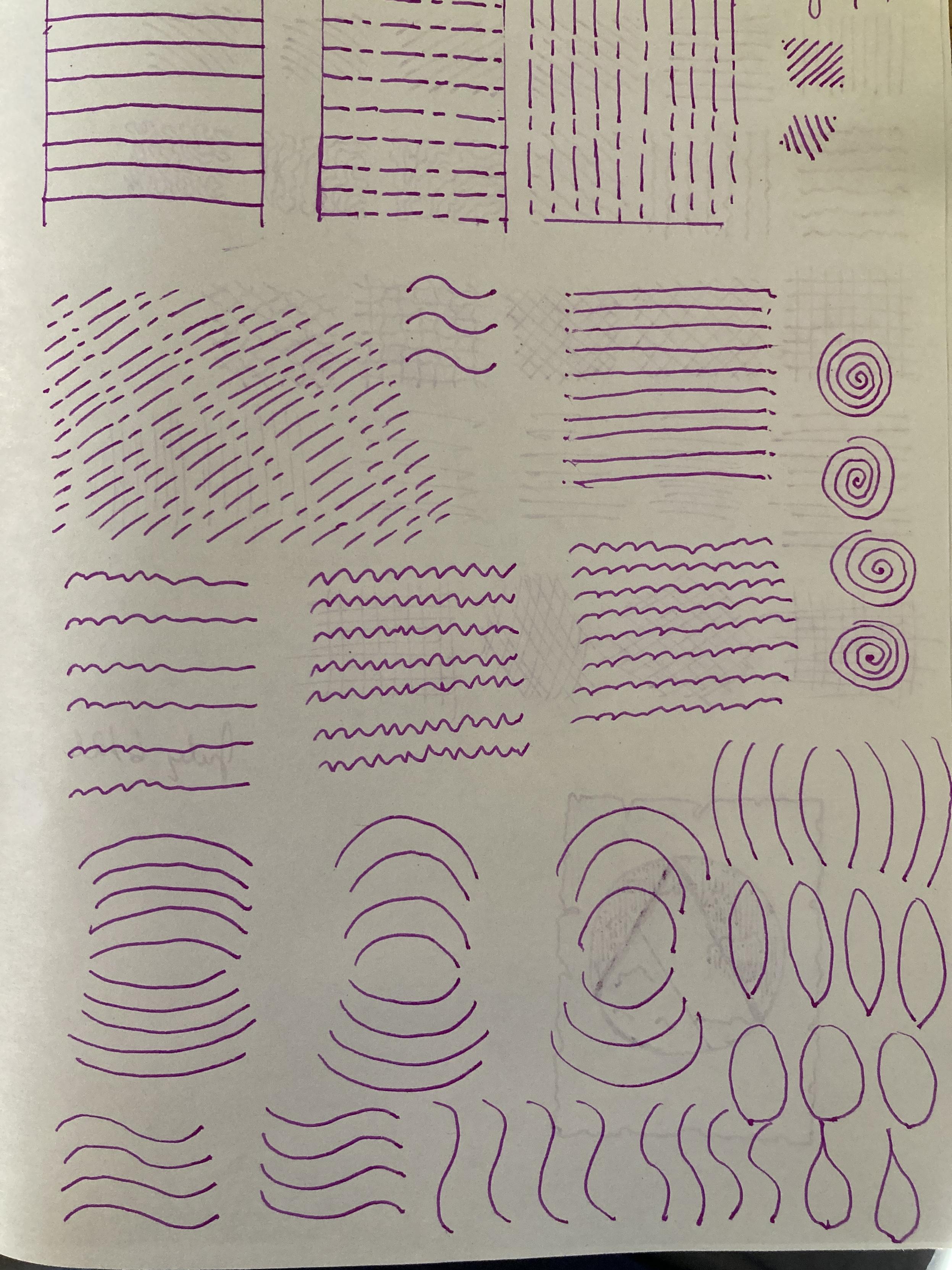 Practice lines drawn on a page, in various line styles, such as curves, s-shapes, and swirls, along with straight lines and dashed lines.

These are all based on a recommended practice page in Guptill's book on illustration.