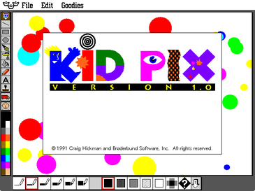 The splash screen for Kid Pix 1.0, running on a color macintosh. It shows the kid pix logo, copyright 1991 Craig Hickman
